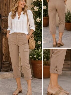 Democracy CarmelUtility Cargo Capri Pants | Roll Tab Hem | Stretch Cotton